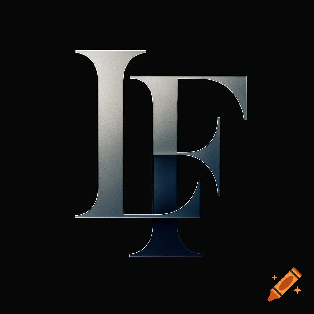 Stylized metallic monogram of intertwined capital letters L and F on a black background.
