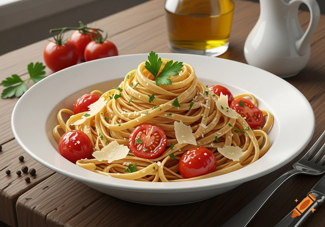 A close-up, photorealistic image of a plate of spaghetti with cherry tomatoes, parmesan cheese, and parsley.