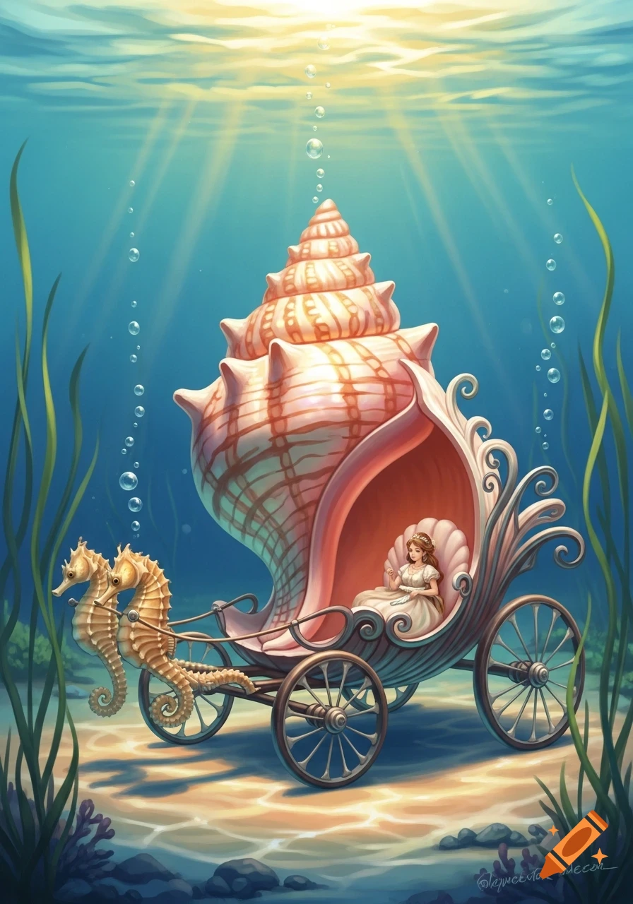 A princess in a detailed seashell carriage pulled by two seahorses underwater, with sun rays piercing the water.