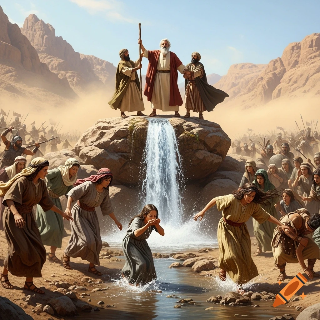 Moses stands on a desert rock, striking it with a staff, causing water to flow for people gathering below, while armies clash in the background.