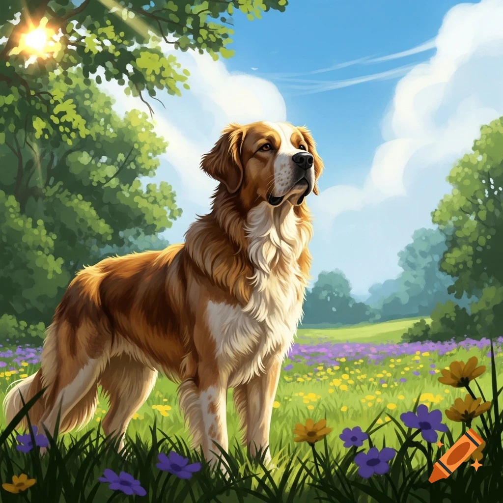 A golden-brown and white dog stands in a vibrant field of purple and yellow wildflowers under a bright blue sky.