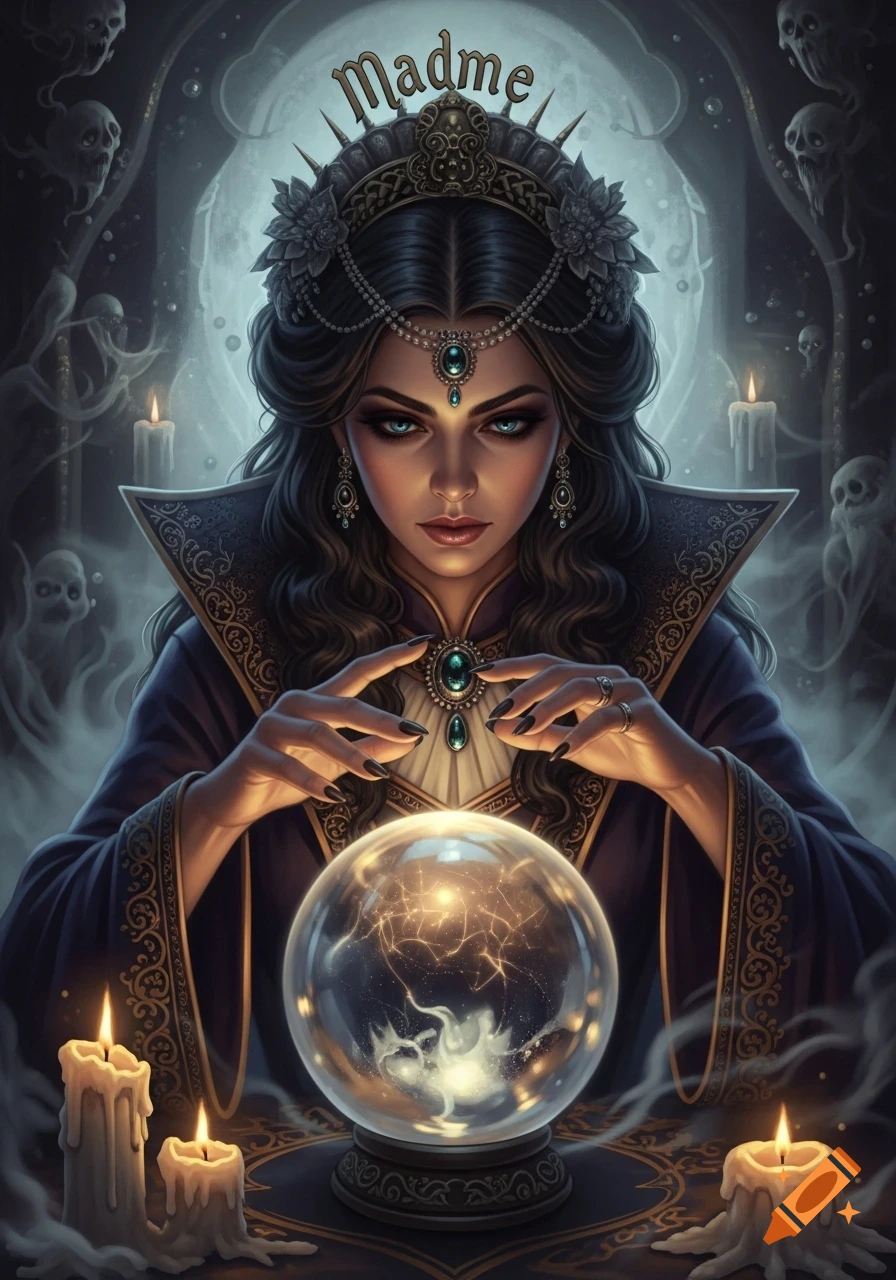A dark fantasy portrait of a psychic woman with glowing blue eyes, a crown, and a crystal ball, surrounded by candles and ghostly figures.