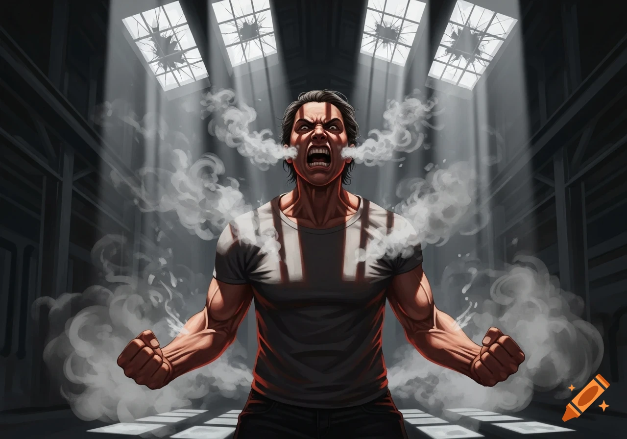 Angry man with steam erupting from his face and body, fists clenched, in a dark room with broken skylights, comic art style.