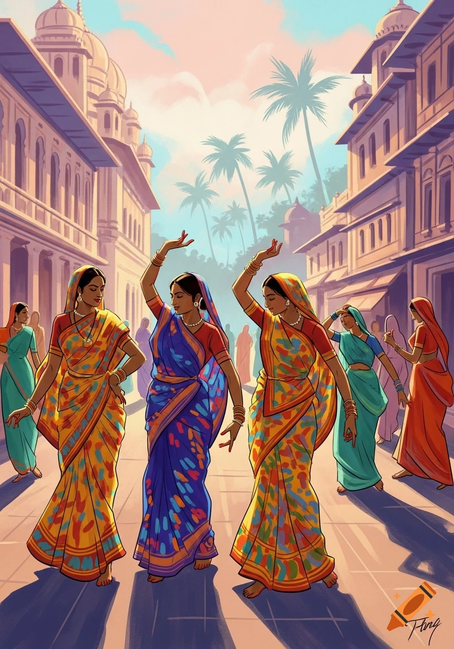 Indian women in vibrant saris dance gracefully on a street lined with traditional buildings and palm trees, in an illustrative style.