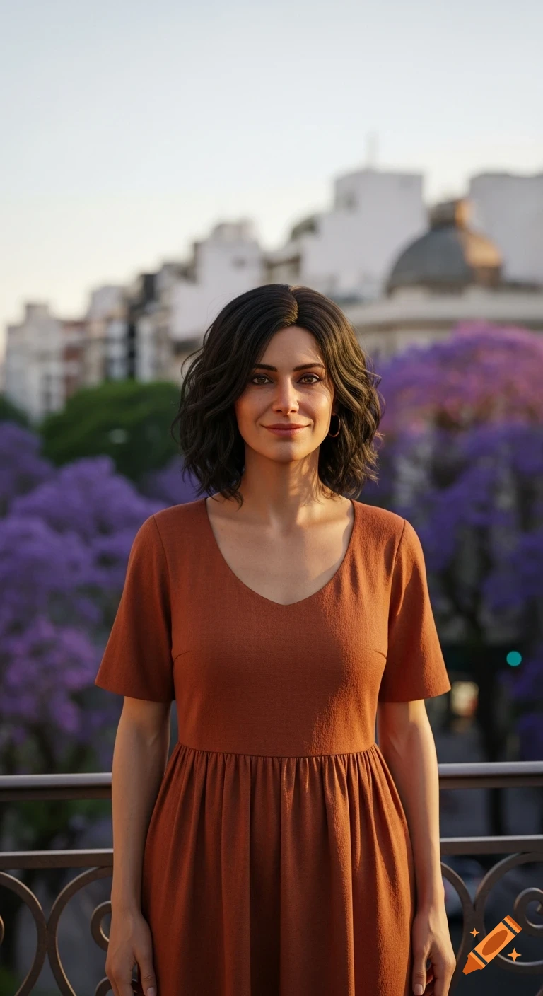 Photorealistic portrait of a smiling woman with dark wavy hair in a terracotta dress, standing on a sunny balcony overlooking a city with purple jacaranda trees.