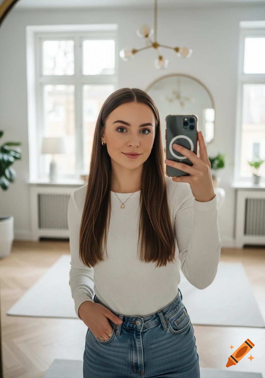 A young woman with long brown hair, wearing a white long-sleeved top and jeans, takes a mirror selfie in a bright, modern room.