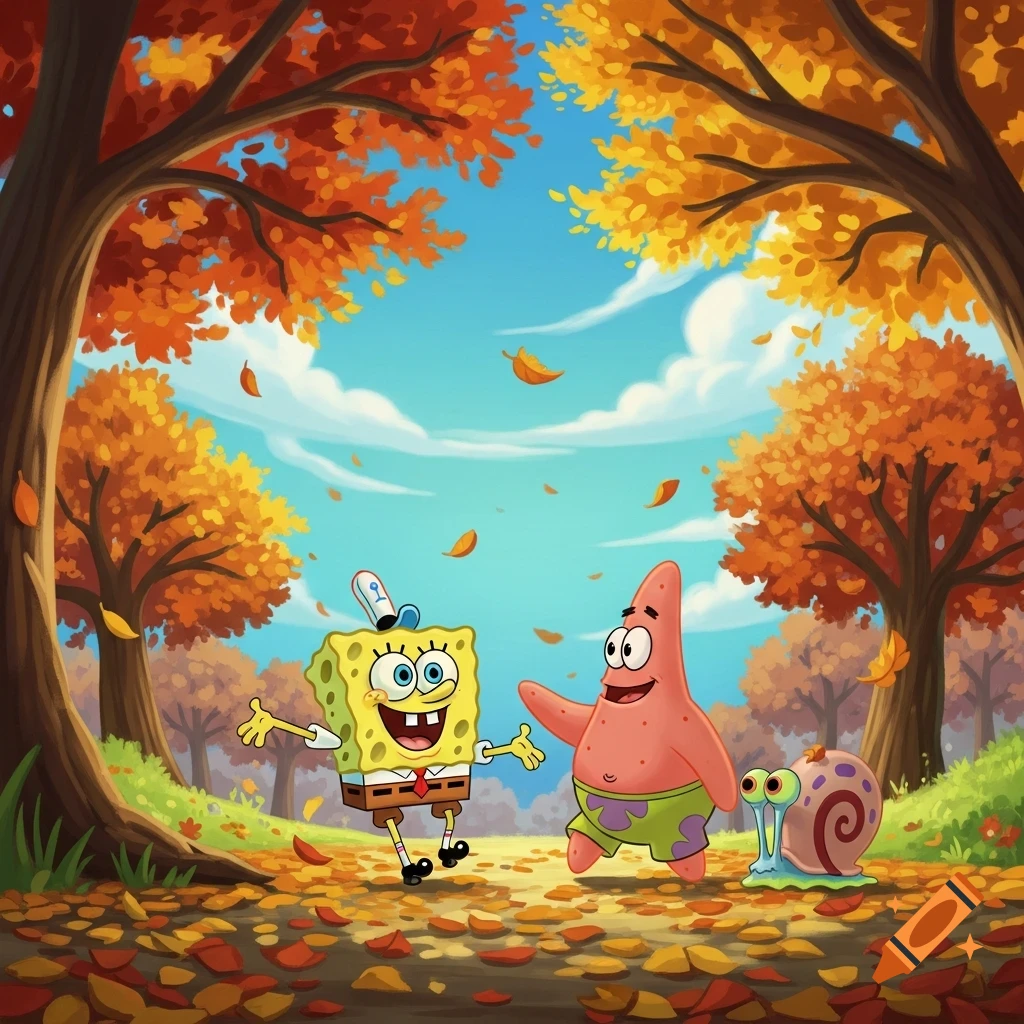 SpongeBob, Patrick, and Gary walking through a vibrant autumn forest with colorful leaves on the trees and ground.