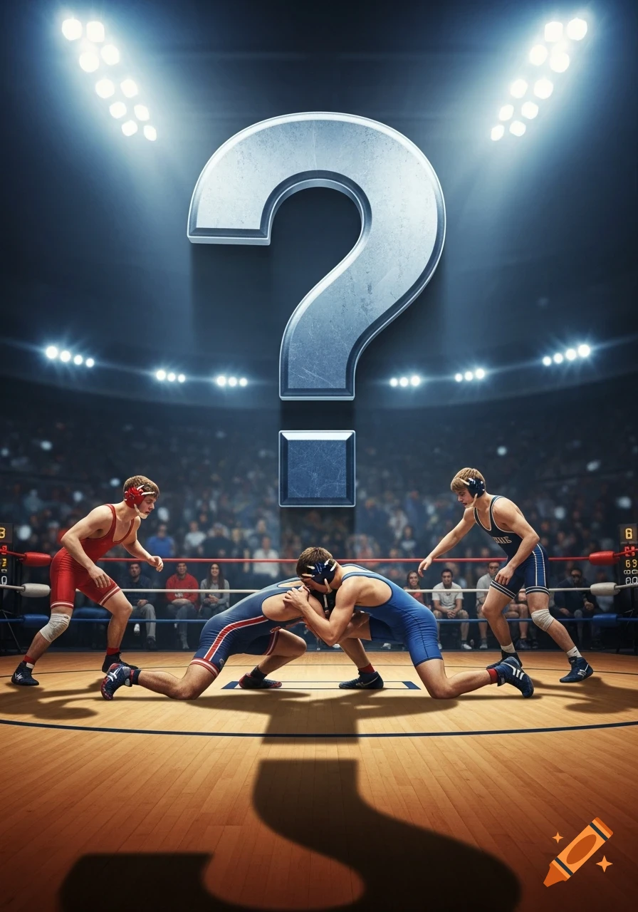 Two wrestlers grapple on a mat in a stadium, overshadowed by a large metallic question mark.