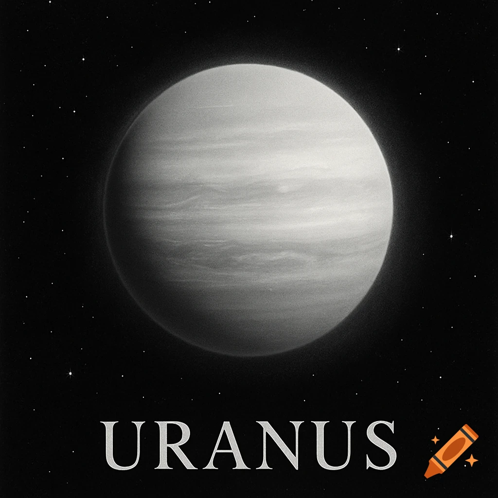 A black and white photo of the planet Uranus in space with stars, and the word URANUS below it.