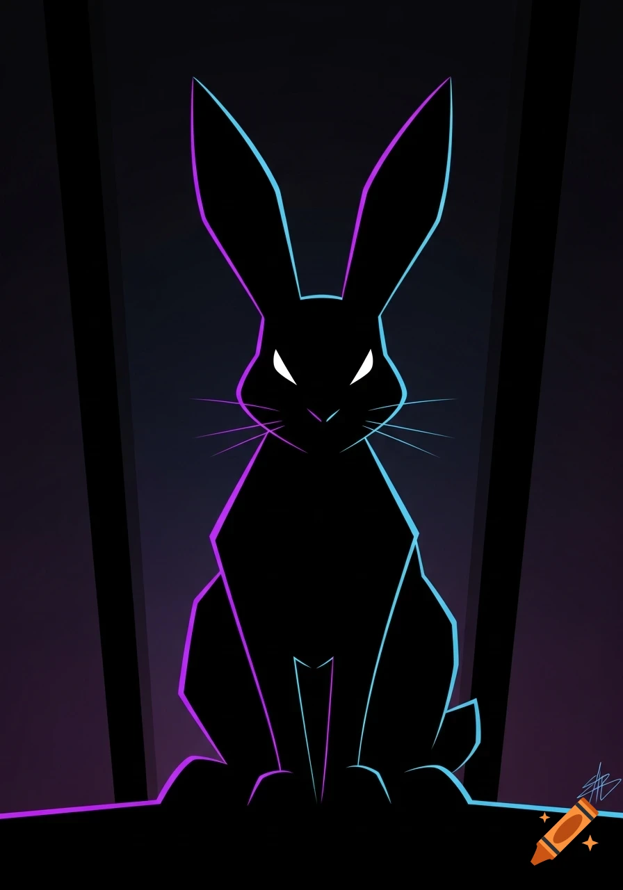 A stylized black rabbit silhouette with glowing white eyes and purple and blue rim lighting, against a dark background.
