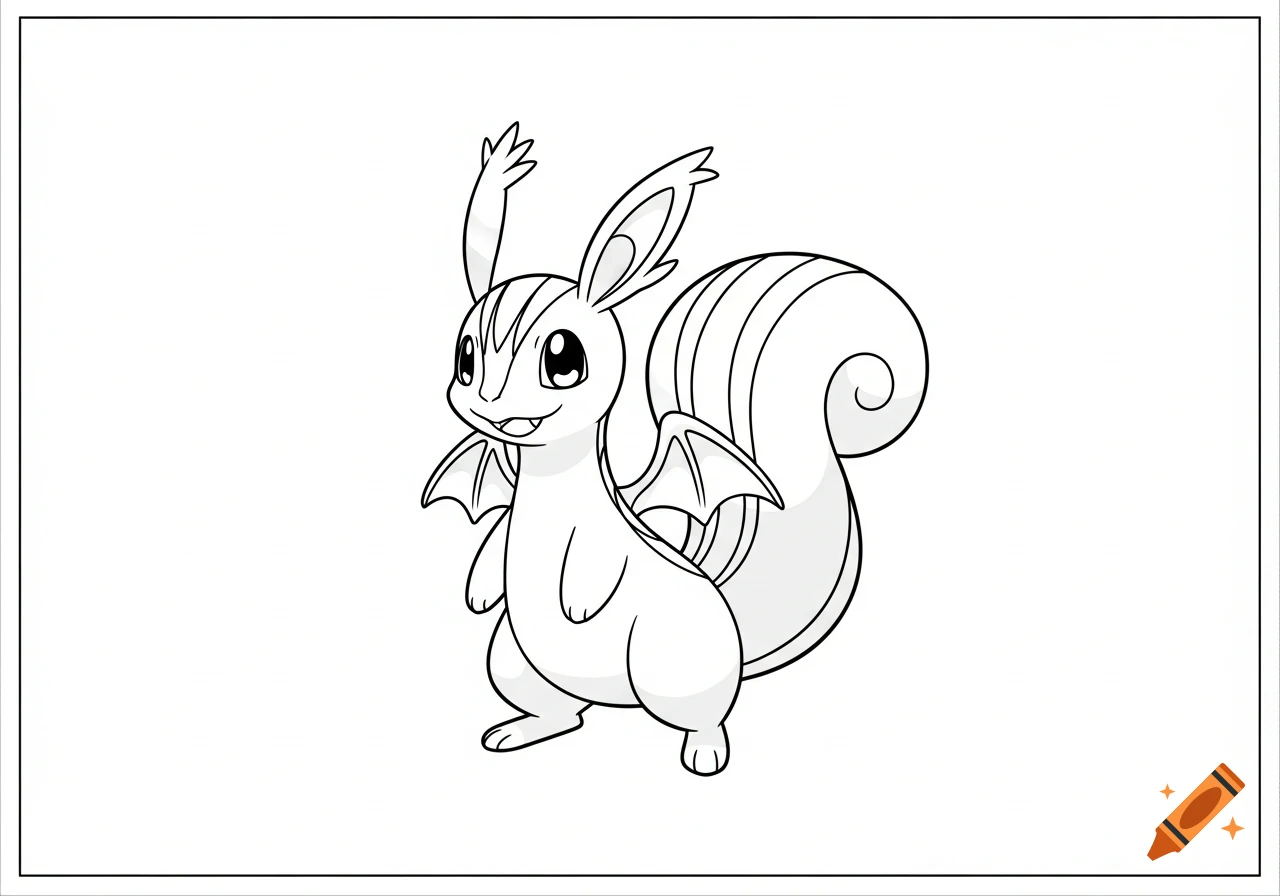 A black and white line art drawing of a non-existent, cute, squirrel-like creature with bat wings and a striped tail, in coloring book style.