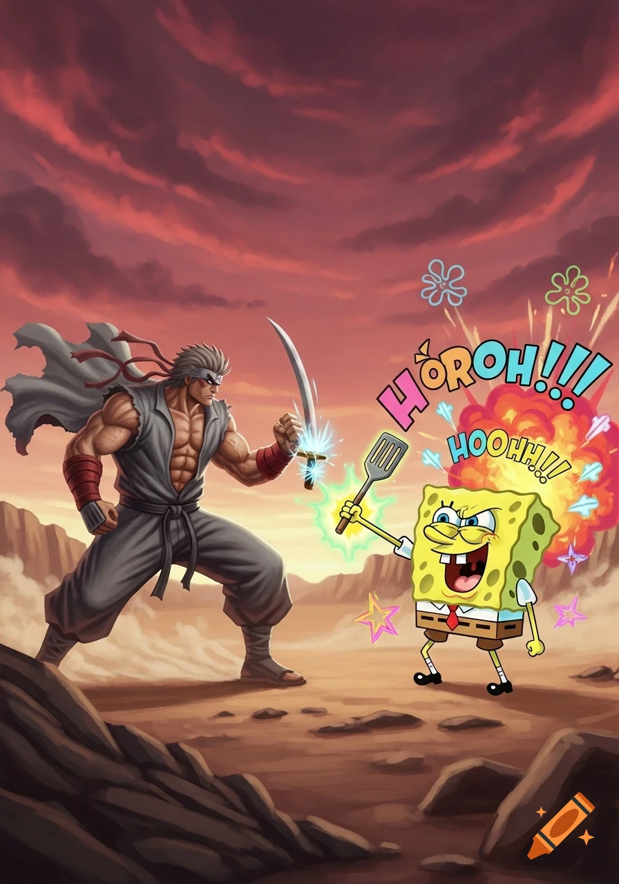 A muscular anime warrior with a sword battles Spongebob Squarepants wielding a spatula, against a dramatic red sky.