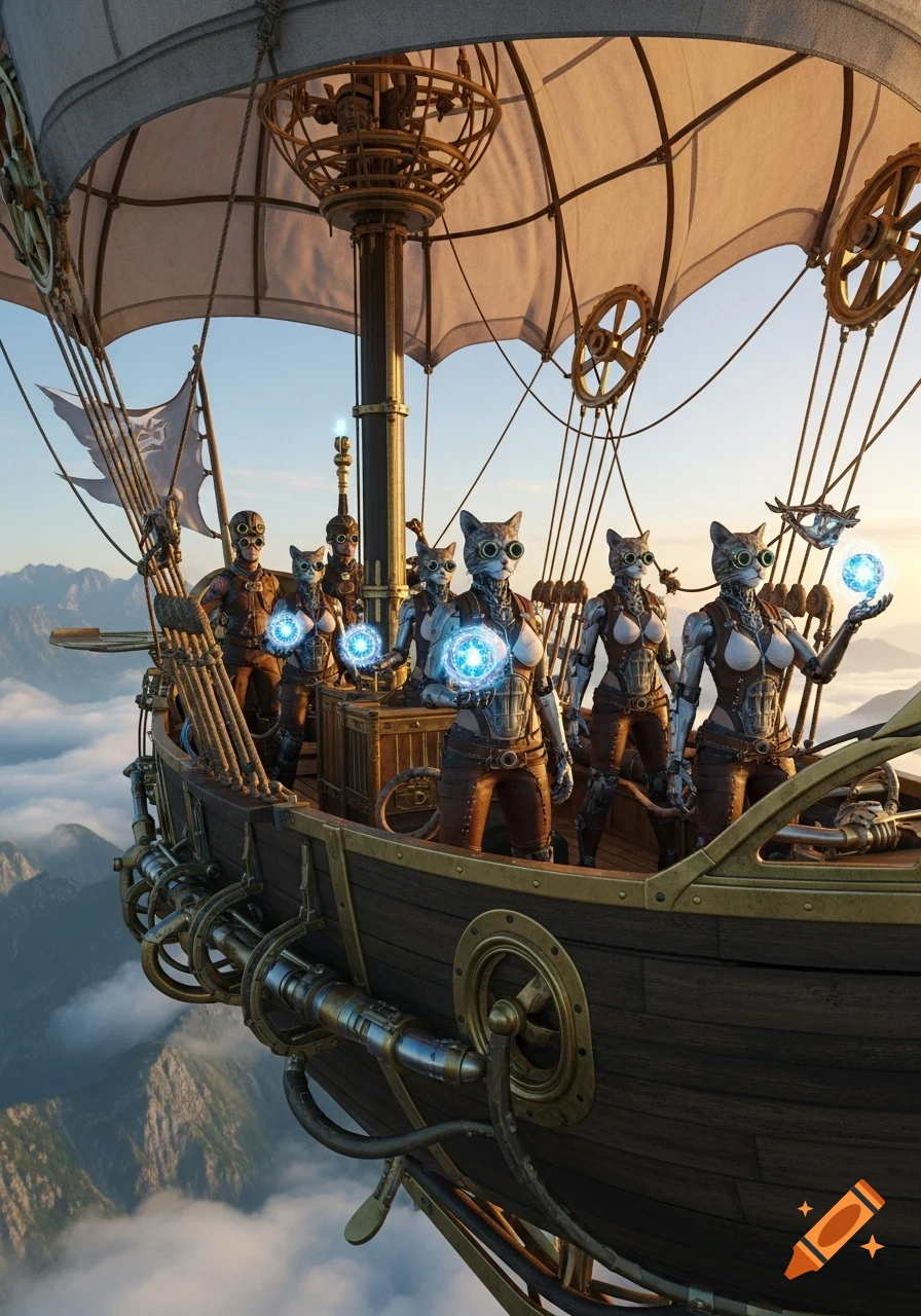 Steampunk cyborg cat goddesses on a detailed airship soar above mountains and clouds, holding glowing orbs in a hyperrealistic style.