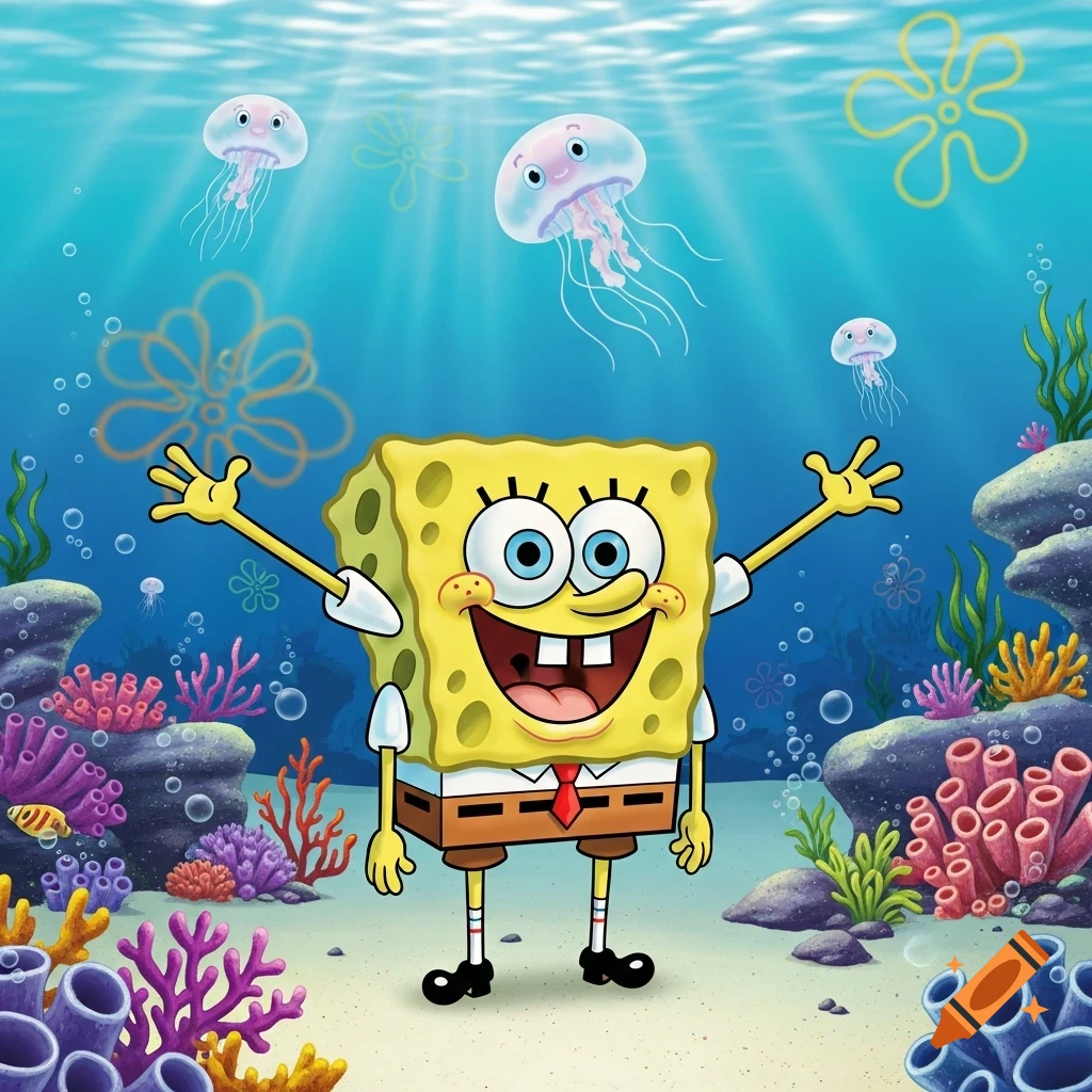 Spongebob Squarepants with arms raised, surrounded by colorful coral, rocks, and three jellyfish in a bright underwater scene.