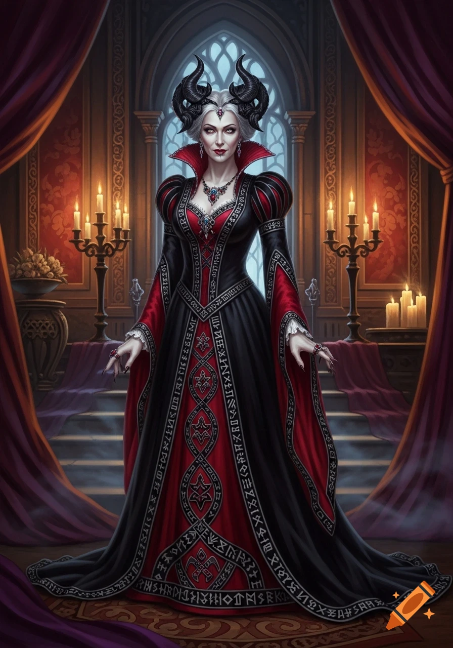 A pale woman with dark horns, white hair, and red lips, wearing an ornate black and red gothic gown, stands in a candlelit chamber.