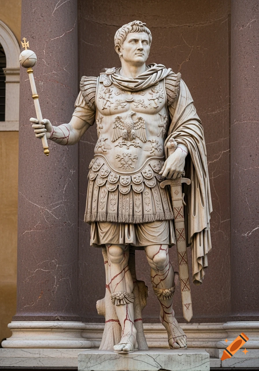 Photorealistic image of a classical Roman emperor statue made of white marble with red veining, holding a scepter and sword.
