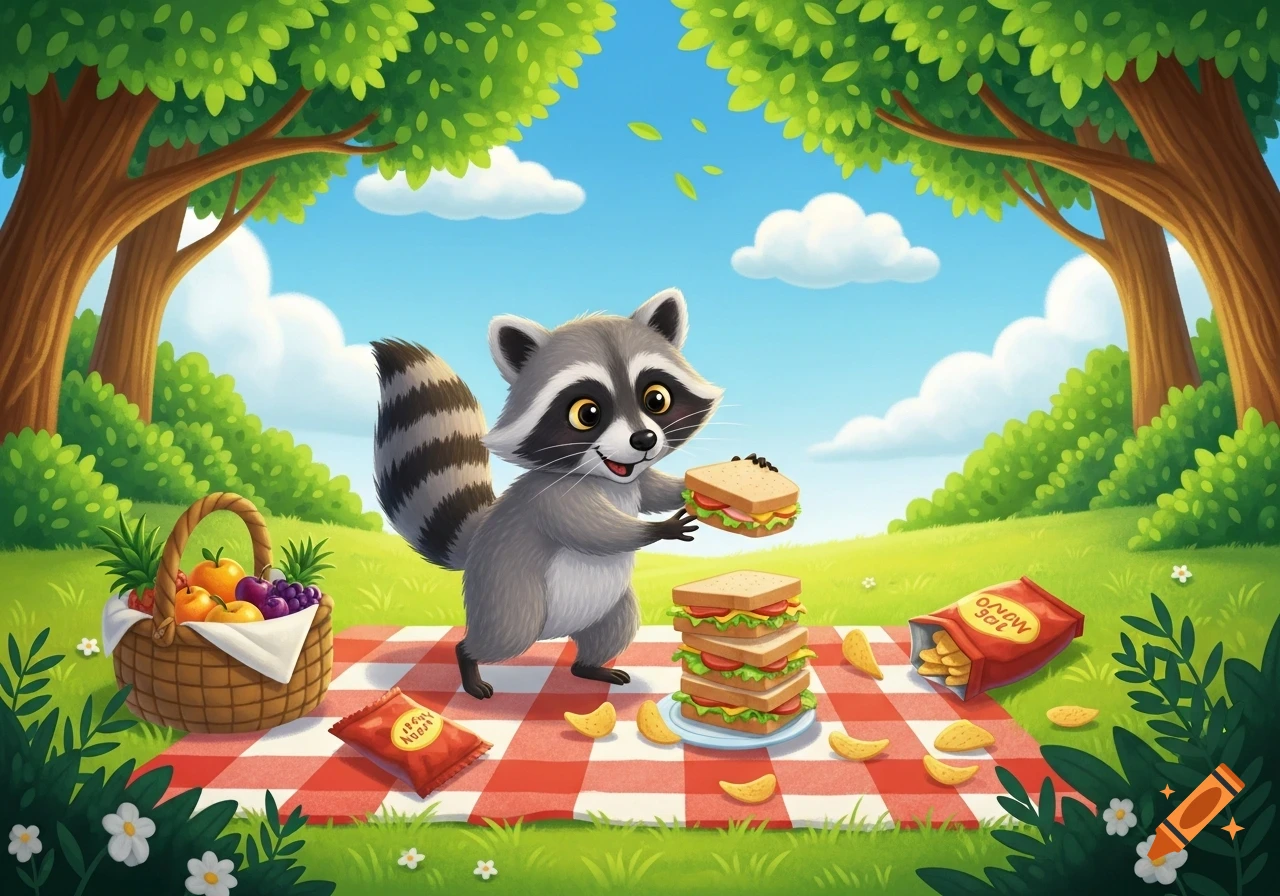 A cute cartoon raccoon smiles while holding a sandwich, standing on a red and white checkered picnic blanket laden with sandwiches, chips, and a fruit basket in a sunny park.