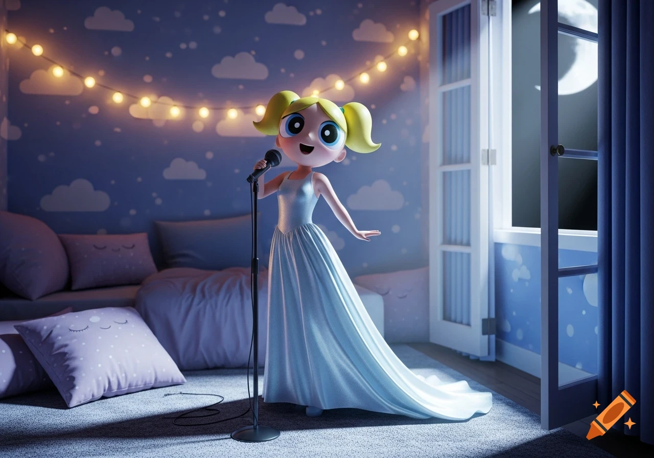 3D Powerpuff Girl Bubbles in a long white gown, singing into a microphone in a dreamy bedroom with cloud walls and fairy lights.