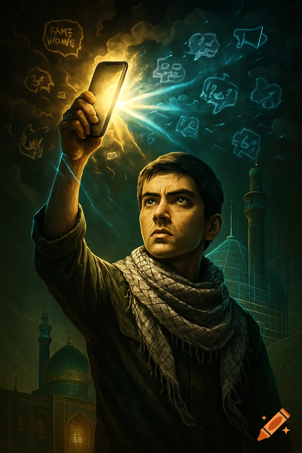 A man in a keffiyeh scarf holds a glowing smartphone up towards a sky filled with symbols and text, against a backdrop of mosque architecture.