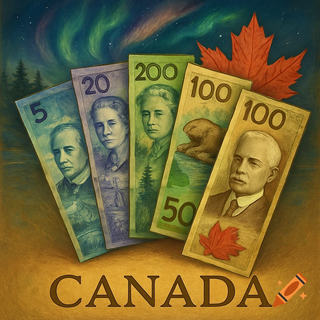 Stylized illustration featuring fanned-out Canadian banknotes with the word CANADA at the bottom, set against a backdrop of Northern Lights and pine trees, with a maple leaf.