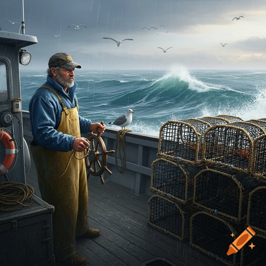 Photorealistic image of a grizzled fisherman steering a boat with lobster traps in a stormy, rainy ocean with seagulls.