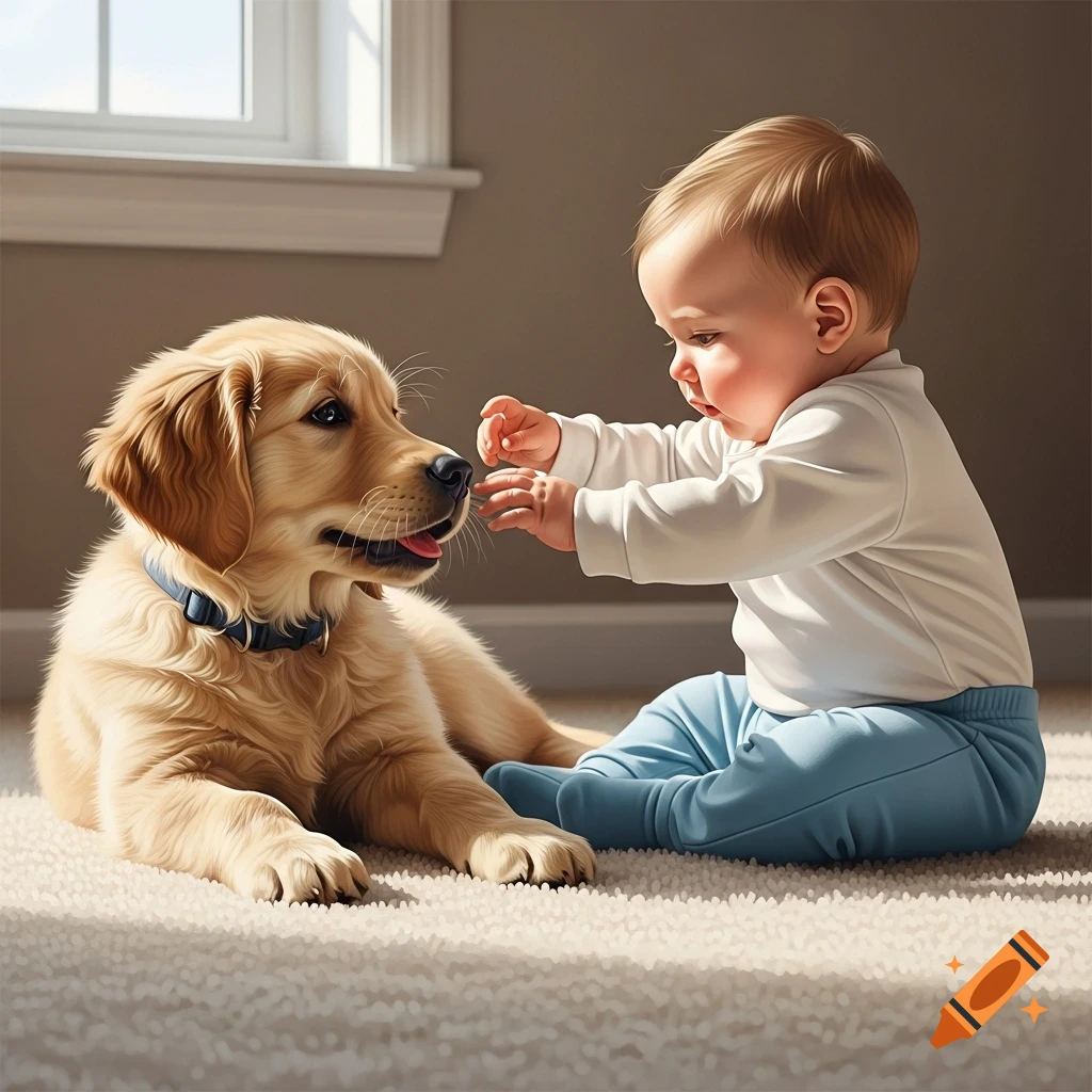 Photorealistic baby in a white shirt and blue pants reaching out to a golden retriever puppy on a carpet.