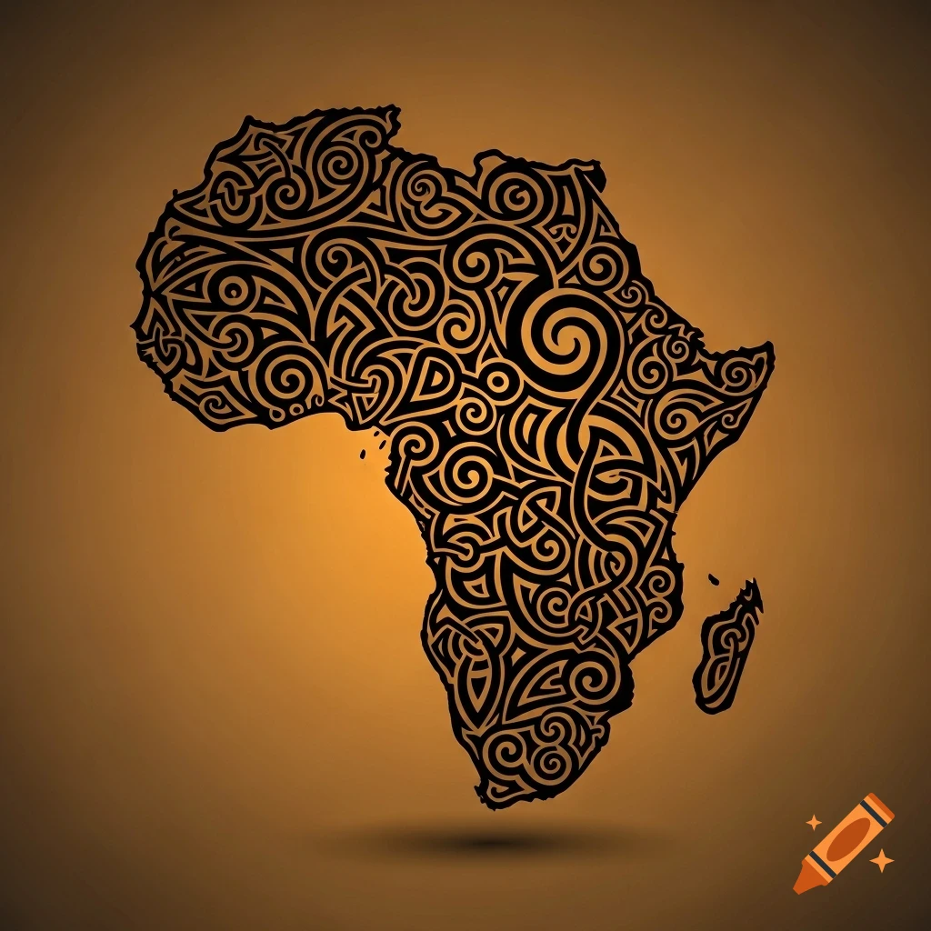 Stylized map of Africa filled with intricate black tribal Celtic knot patterns against a warm brown gradient background.