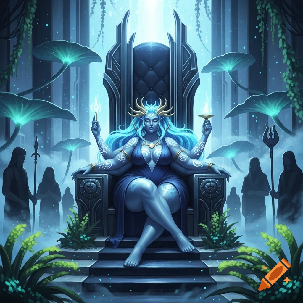 A blue-skinned alien goddess with multiple arms, long glowing hair, and golden horns sits regally on a dark throne, surrounded by ghostly subjects and glowing plants in a fantasy setting.