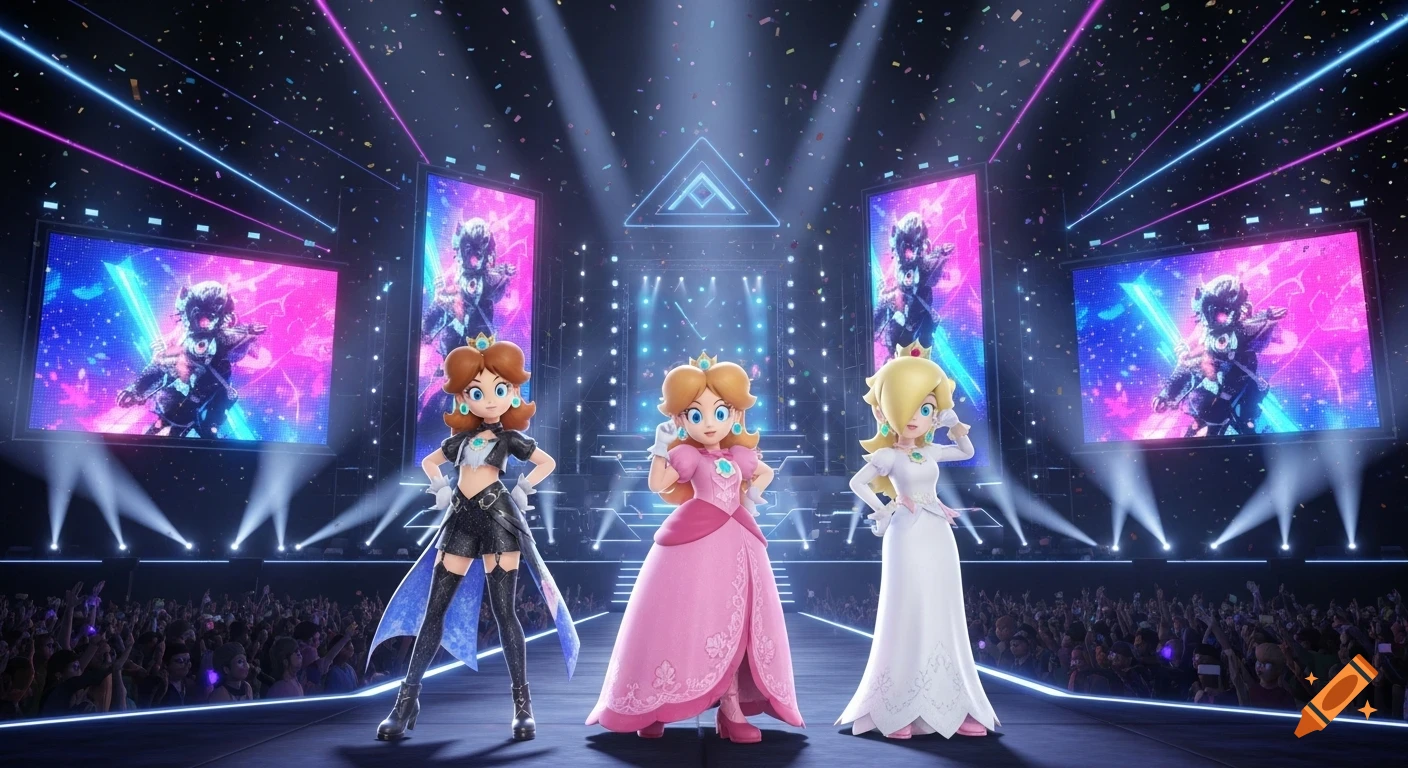 Princess Daisy, Peach, and Rosalina on a brightly lit concert stage with a cheering crowd and large screens in the background.