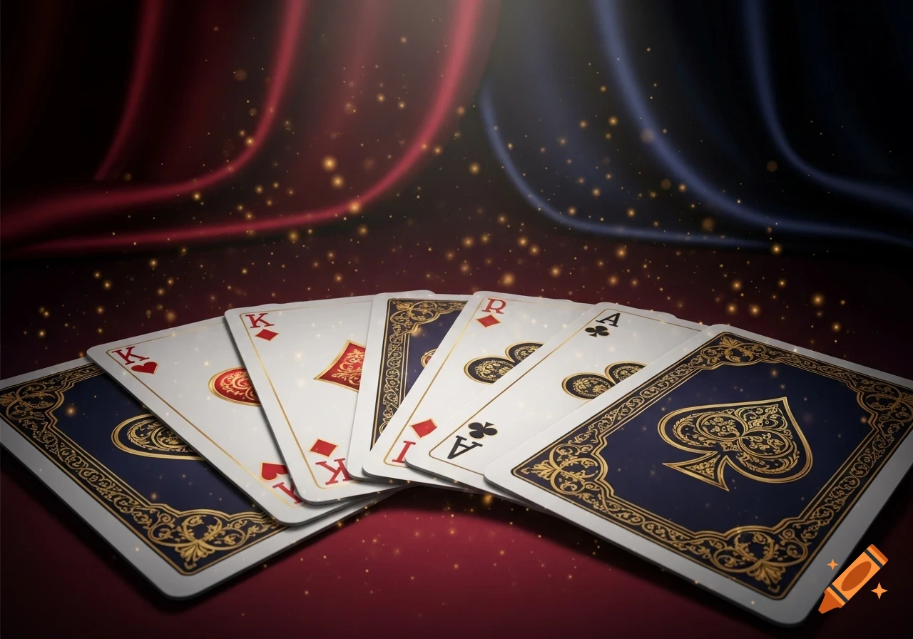 Close-up of fanned playing cards with gold and blue backs and red and black suits, on a red surface with a dramatic red and blue draped background and sparkling lights.