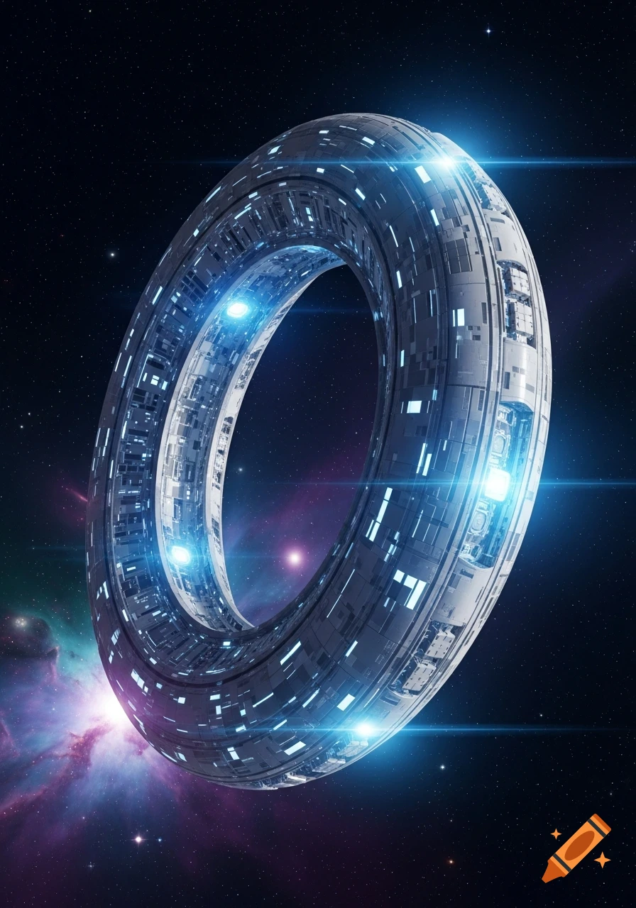 A photorealistic image of a futuristic, ring-shaped spaceship with glowing blue lights, floating in deep space with colorful nebulae and stars.