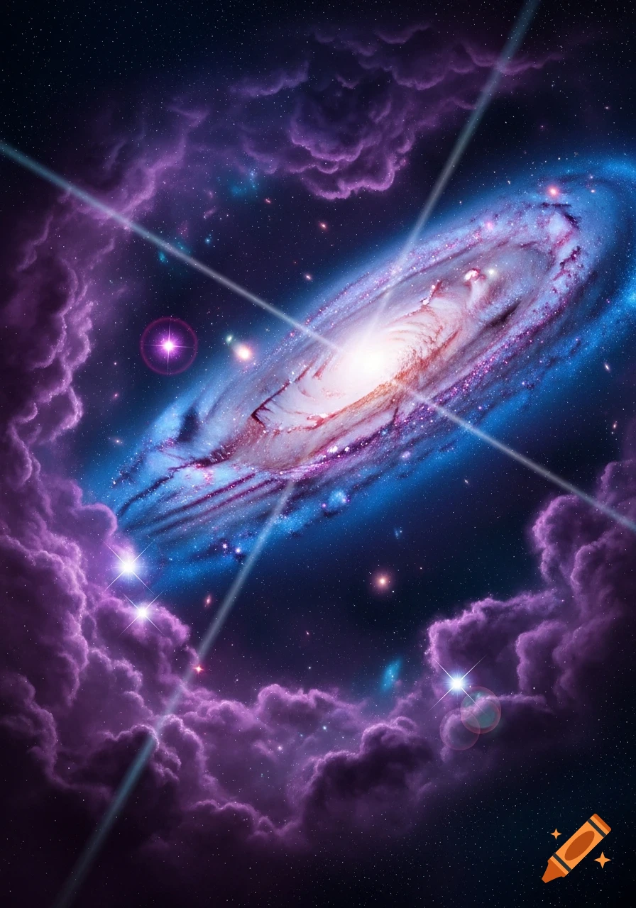 A vibrant spiral galaxy with blue and purple hues, surrounded by glowing purple cosmic clouds and bright stars.