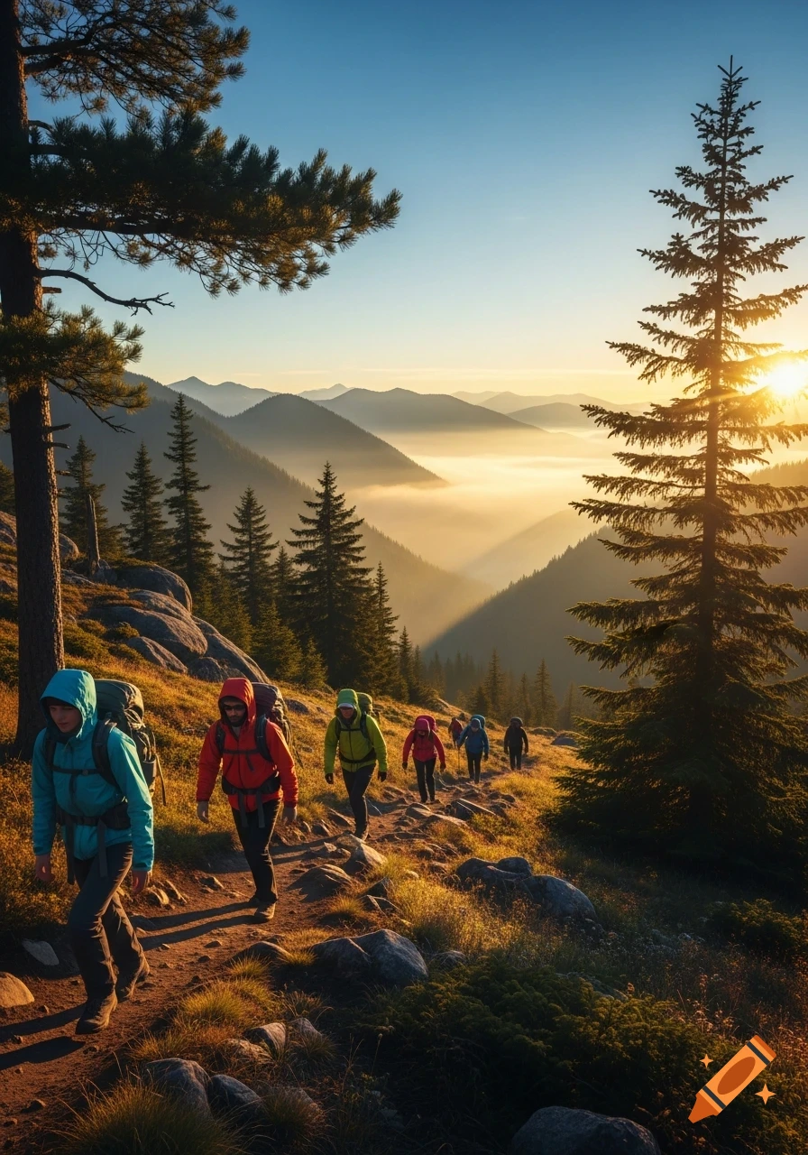 A group of hikers with backpacks walks along a mountain trail at sunrise, overlooking a misty valley below.