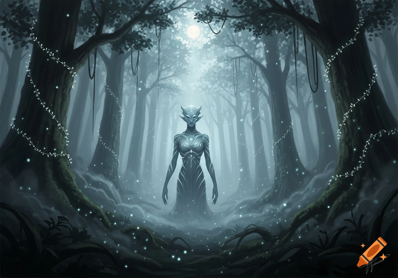 A mystical humanoid creature with horns and glowing patterns stands in ...