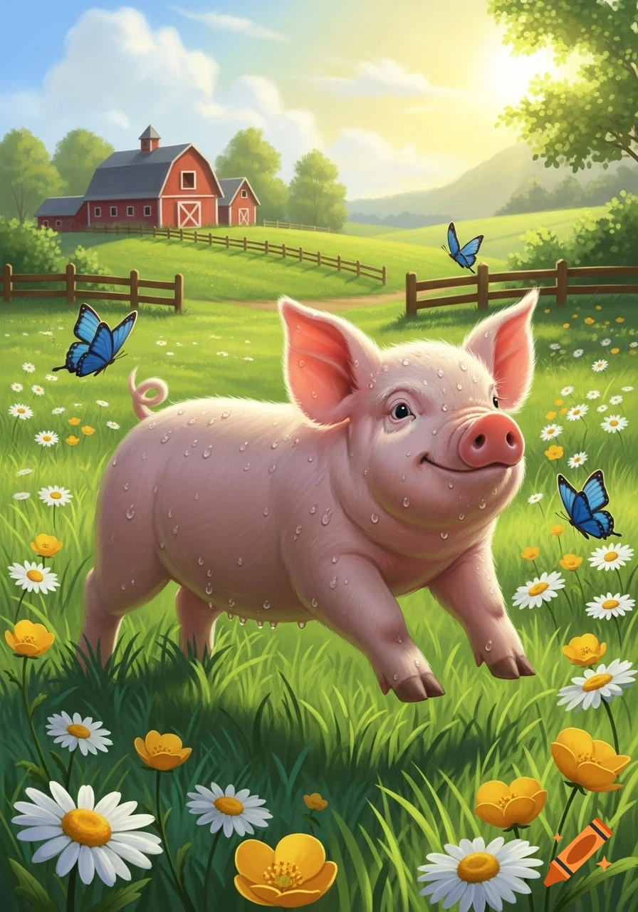 An illustrated happy pig, covered in water droplets, runs through a sunny green field with flowers and blue butterflies, a red barn in the background.