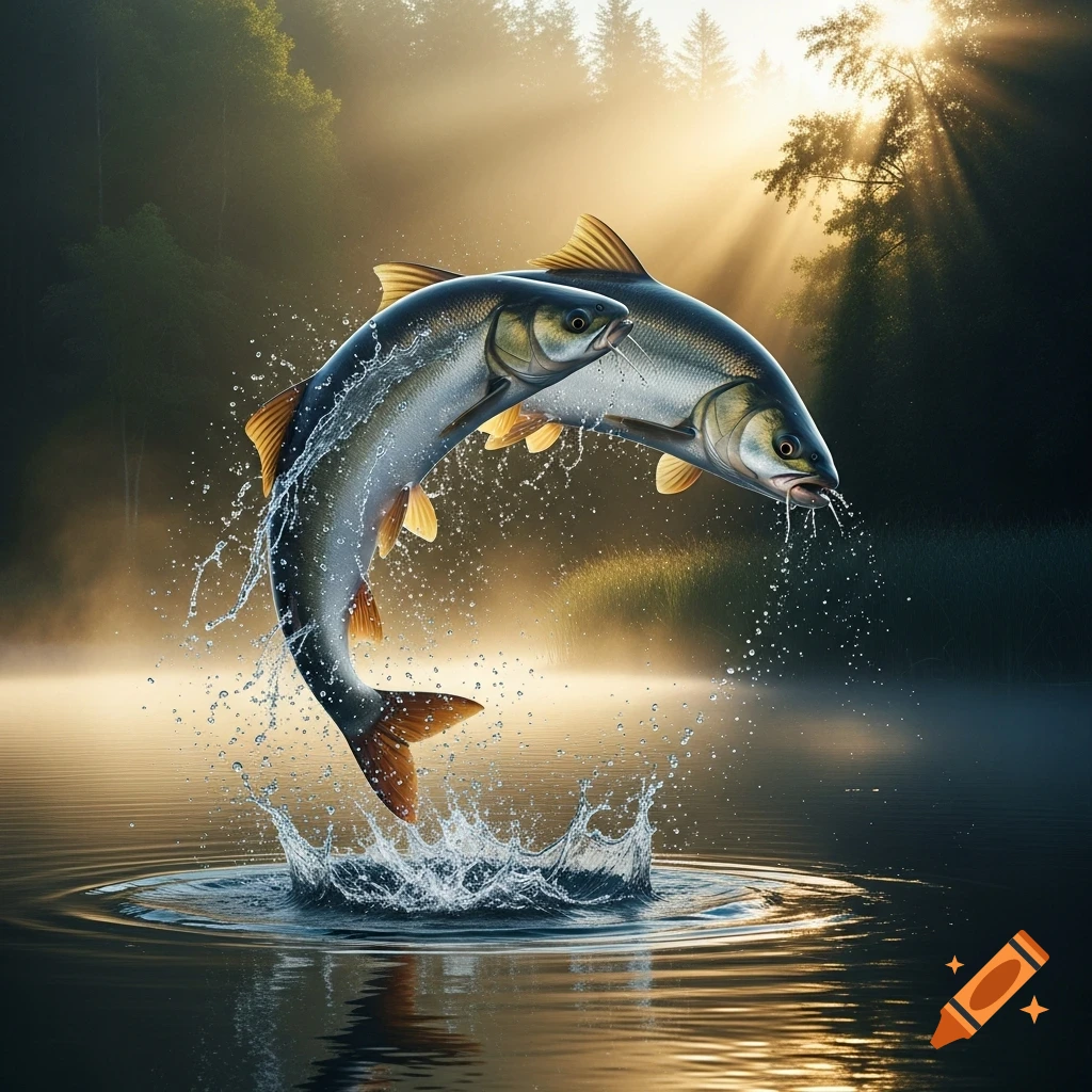 Two large fish leap dynamically from a misty lake at sunrise, creating splashes against a forested background with sun rays.