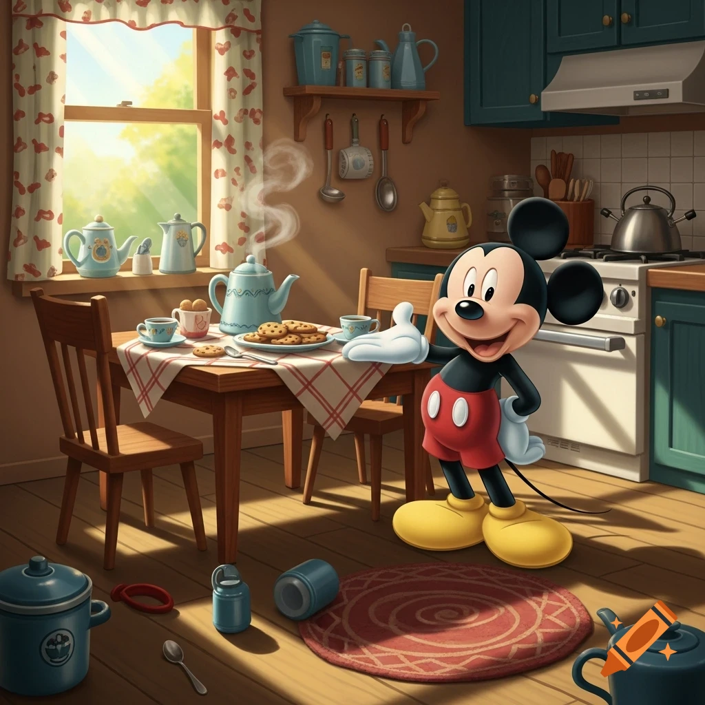 Mickey Mouse stands smiling in a cartoon kitchen next to a table laden with tea and cookies.