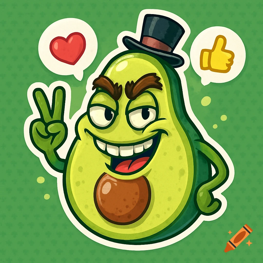A cartoon avocado character wearing a top hat, winking with a mischievous grin, giving a peace sign, with heart and thumbs-up bubbles.