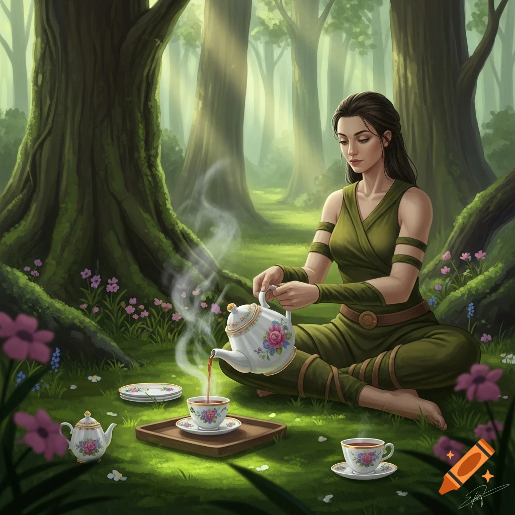 A woman in a green outfit sits cross-legged in a mystical forest, pouring tea from a floral teapot into a cup on a wooden tray.