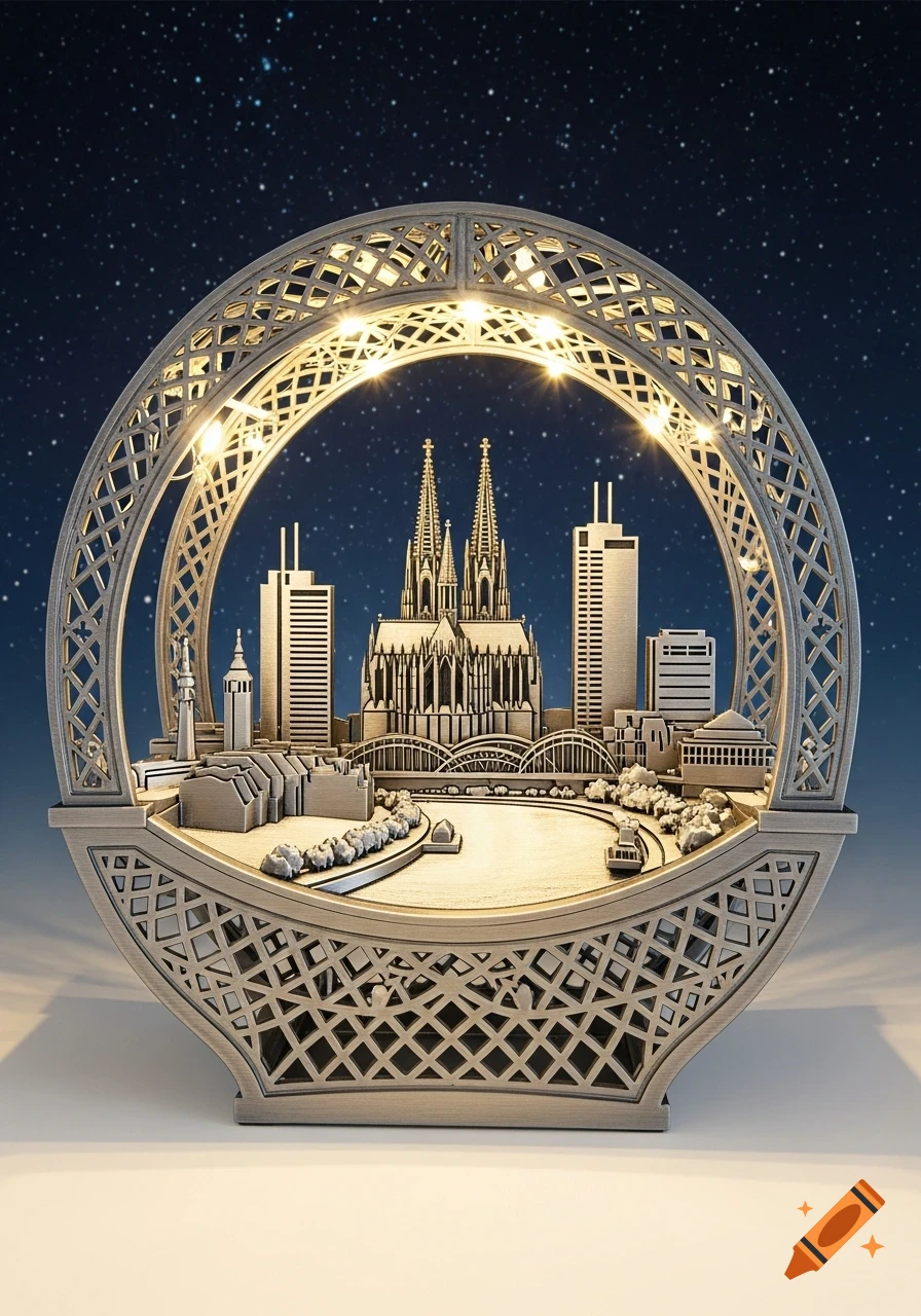 A detailed 3D model of the Cologne skyline, featuring the cathedral and skyscrapers, illuminated within a decorative arch against a starry night sky.
