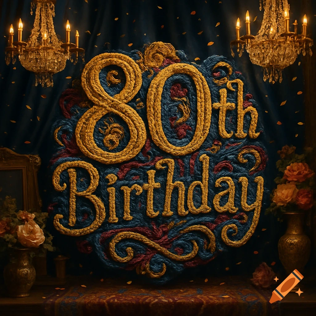 Opulent gold crochet '80th Birthday' text on a dark blue backdrop, flanked by sparkling chandeliers and flowers.