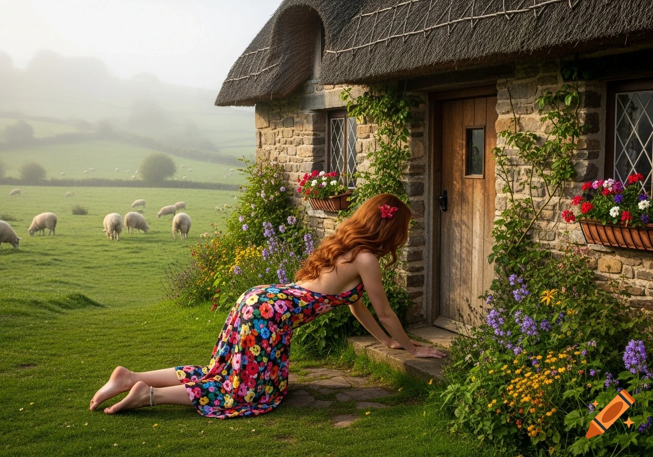 A red-haired woman in a floral dress crawls on the grass toward a rustic thatched cottage, with sheep grazing in a misty green field behind her.