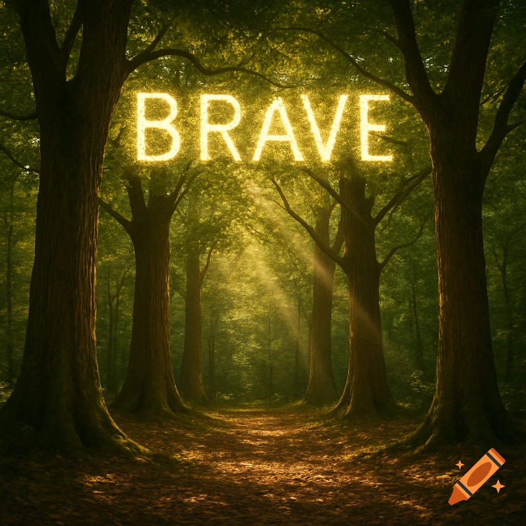A sunlit forest path with the word 'BRAVE' glowing yellow above it, formed by light through the trees.