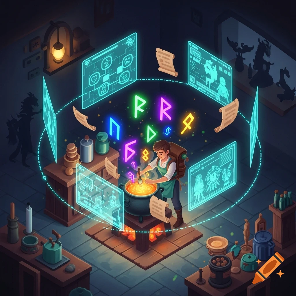 An isometric cartoon depicts a person in an apron stirring a glowing potion in a cauldron, surrounded by floating holographic screens and colorful runes in a dark alchemist's lab.