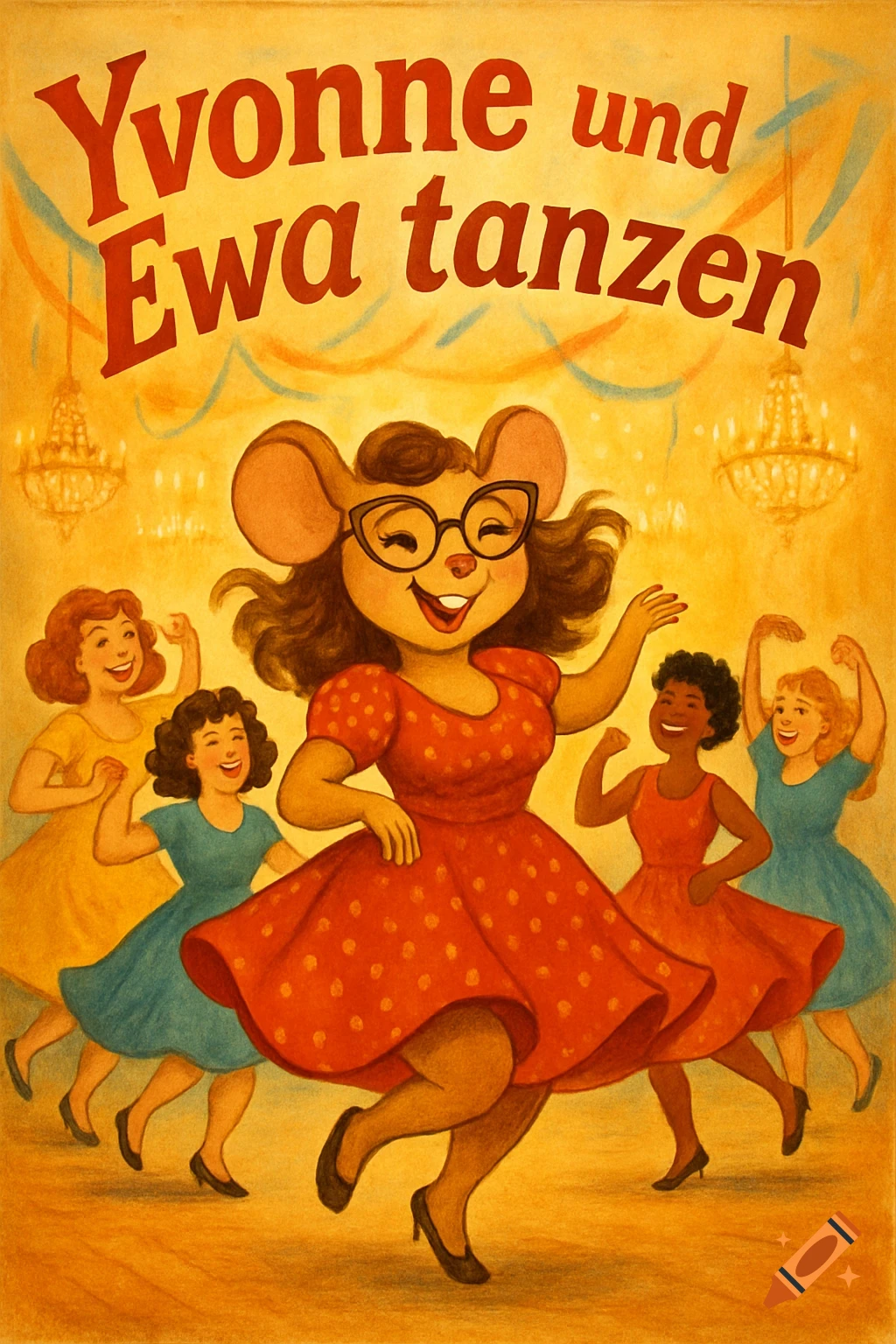 An illustration of a large mouse in a red polka-dot dress dancing with five women at a retro party under two chandeliers.