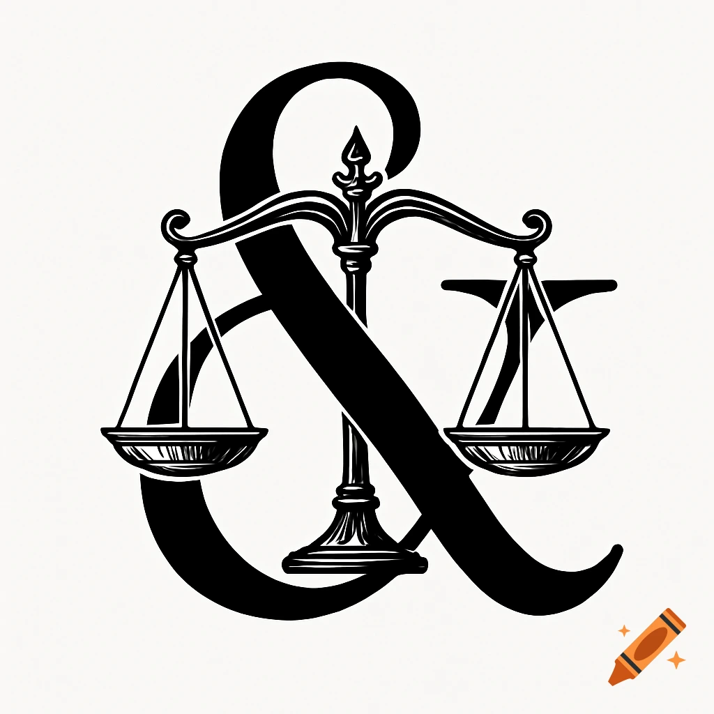A black and white illustration of an ampersand symbol combined with the scales of justice.