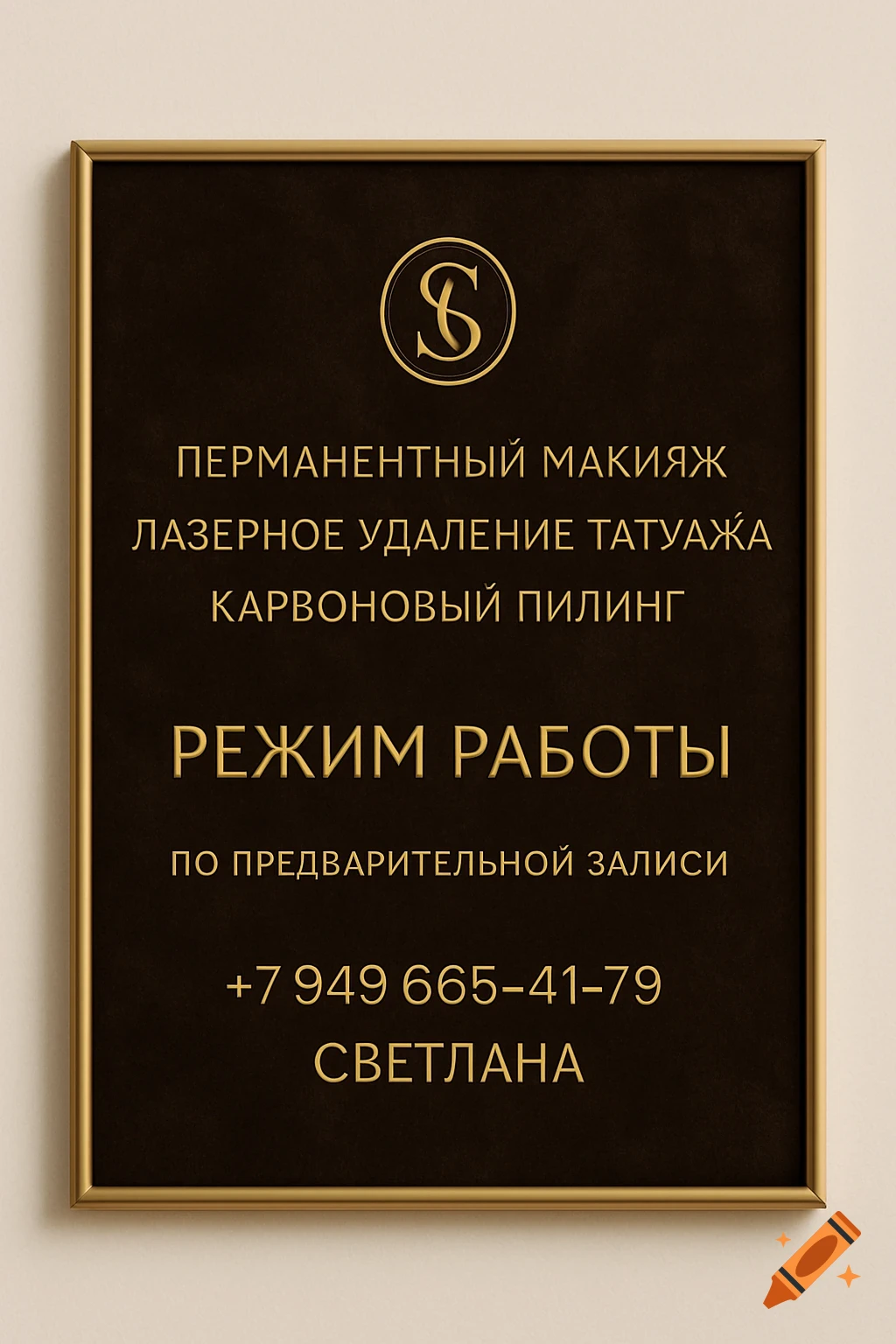 An elegant dark brown sign with a gold frame and gold text for beauty services like permanent makeup and tattoo removal, with contact info.