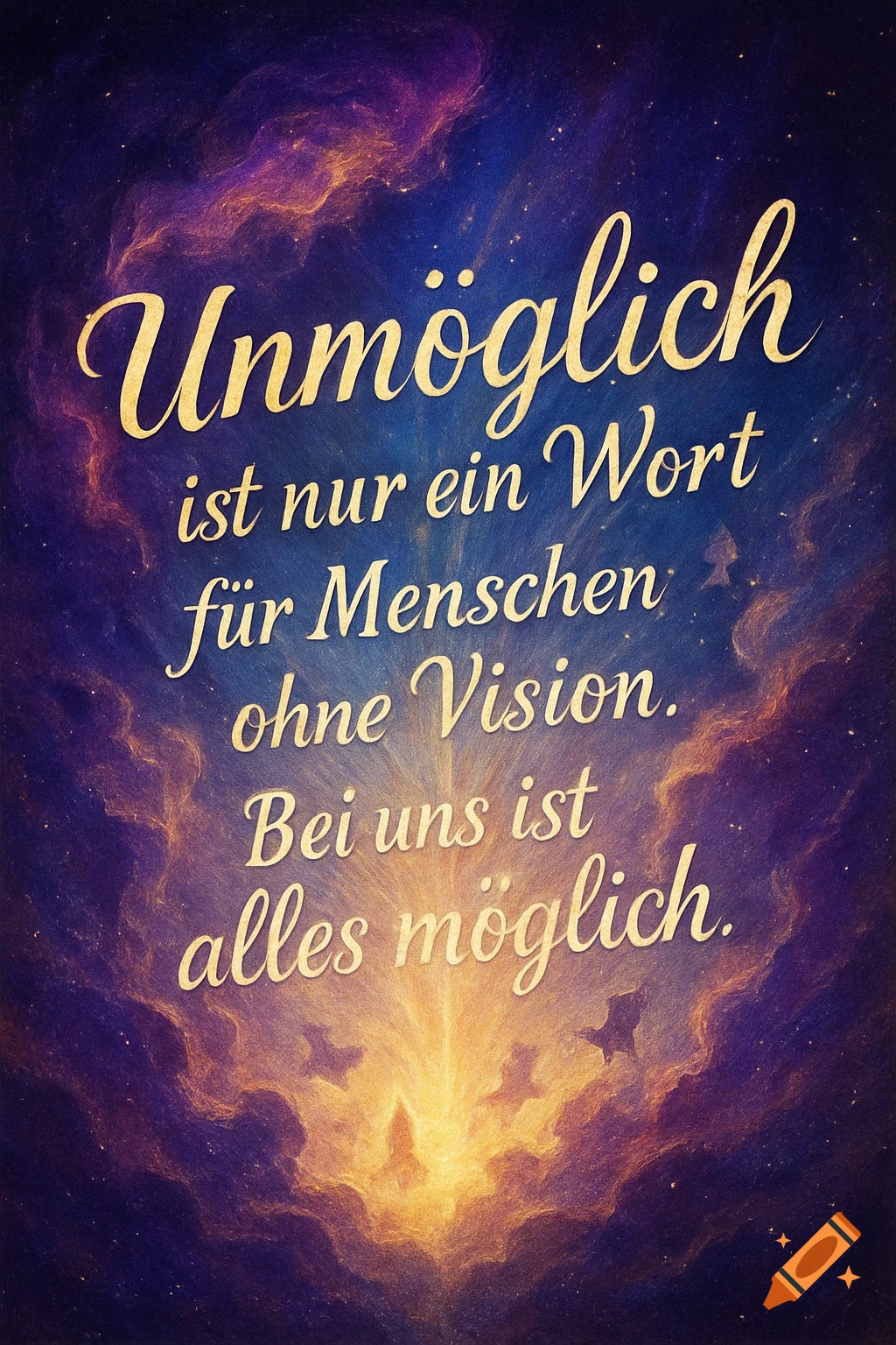 Golden German quote "Unmöglich ist nur ein Wort für Menschen ohne Vision. Bei uns ist alles möglich." on a cosmic background.