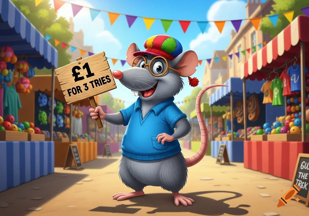 A cartoon rat wearing a colorful hat and glasses holds a sign that reads ' Pound 1 FOR 3 TRIES' at a bustling fairground.
