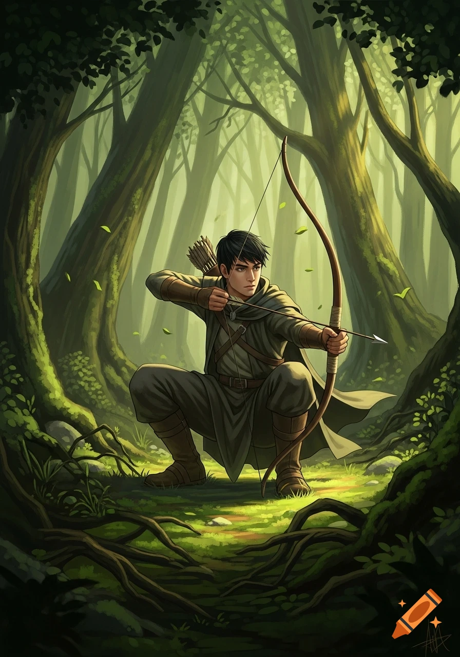 A fantasy illustration of a dark-haired male ranger crouching with a bow and arrow in a vibrant green forest, aiming.